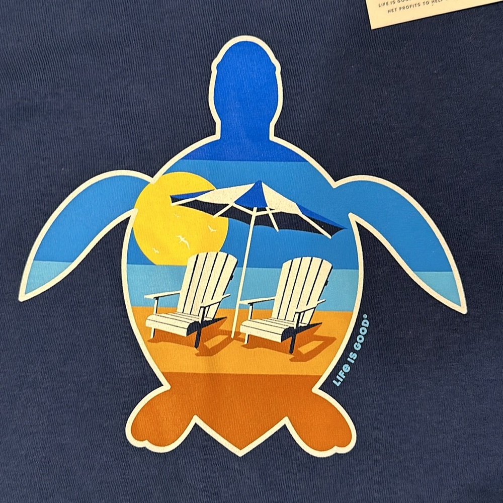 Life is Good T-shirt with sea turtle logo: beach chair, umbrella, ocean, sun - Picture 3 of 7